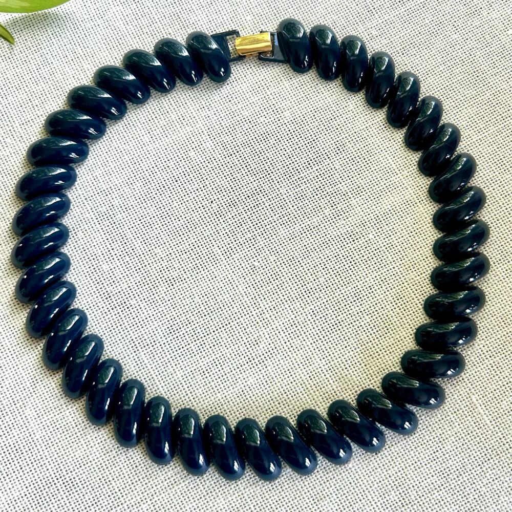 Vintage Napier Navy Blue Spiral Bead Choker Necklace, 80s Statement Jewelry